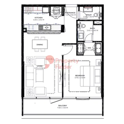 Floor plan, 1 Bed, 943 sq ft