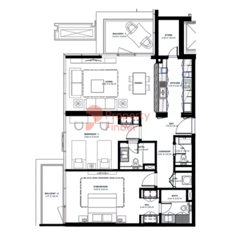 Floor plan, 2 Beds, 1,409 sq ft