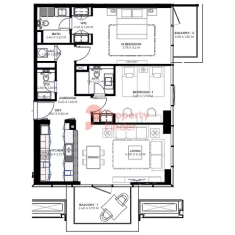 Floor plan, 2 Beds, 1,376 sq ft