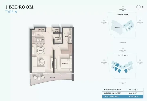 Floor plan, 1 Bed, 691 sq ft