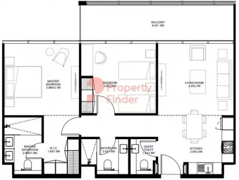 Floor plan, 2 Beds, 1,052 sq ft