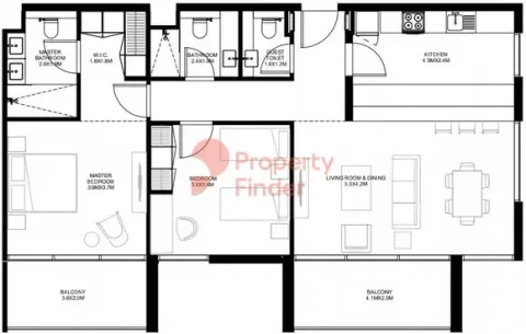 Floor plan, 2 Beds, 1,255 sq ft