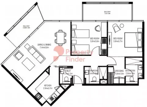 Floor plan, 2 Beds, 1,275 sq ft