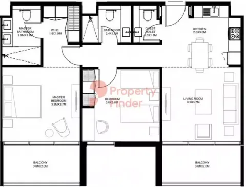 Floor plan, 2 Beds, 1,069 sq ft