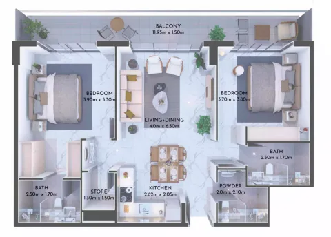 Floor plan, 2 Beds, 1,115 sq ft