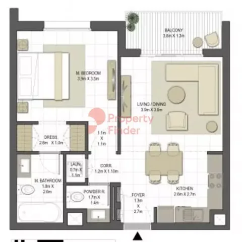 Floor plan, 1 Bed, 711 sq ft
