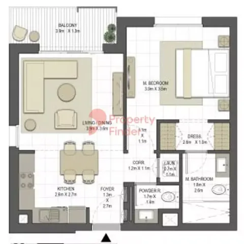 Floor plan, 1 Bed, 724 sq ft