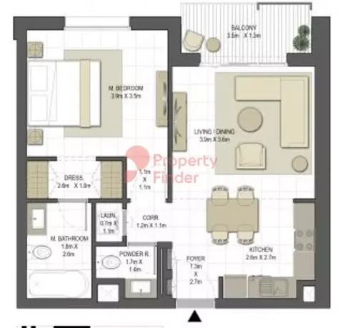 Floor plan, 1 Bed, 713 sq ft