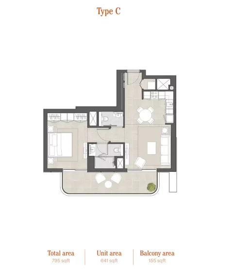 Floor plan, 1 Bed, 795 sq ft