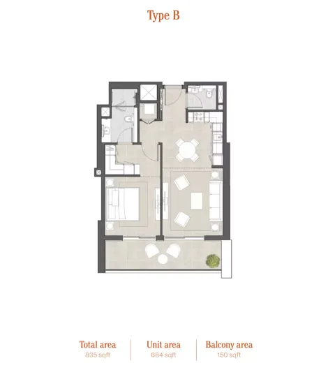 Floor plan, 1 Bed, 835 sq ft