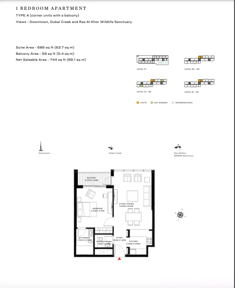 Floor plan, 1 Bed, 744 sq ft
