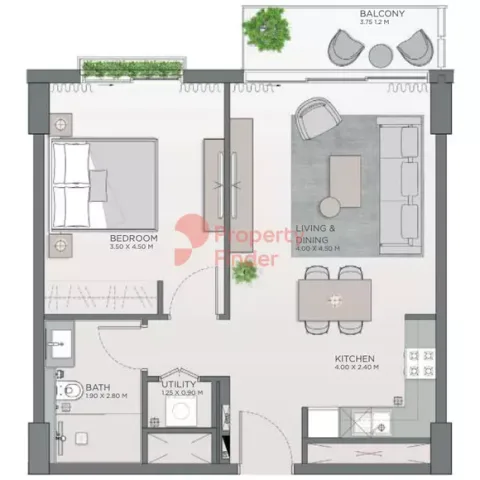 Floor plan, 1 Bed, 675 sq ft