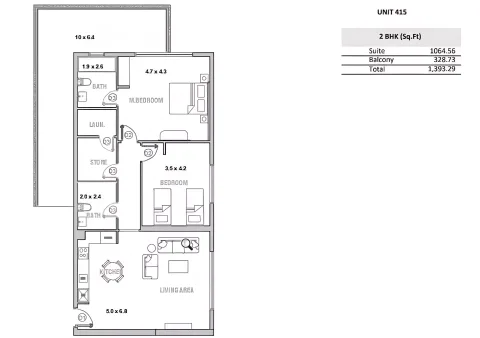 Floor plan, 2 Beds, 1,393 sq ft