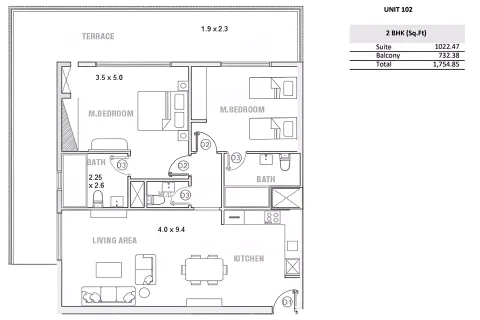 Floor plan, 2 Beds, 1,745 sq ft