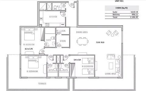 Floor plan, 3 Beds, 2,106 sq ft