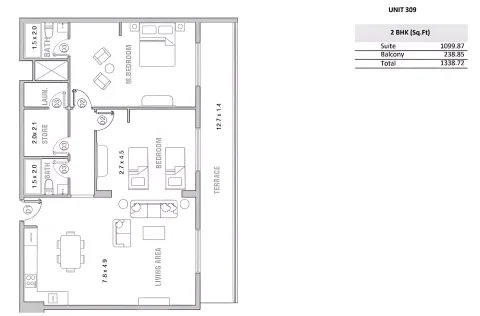 Floor plan, 2 Beds, 1,338 sq ft