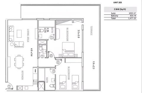 Floor plan, 2 Beds, 1,477 sq ft