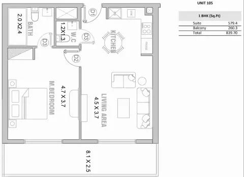 Floor plan, 1 Bed, 839 sq ft