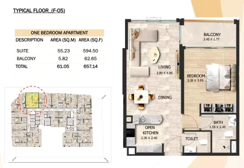 Floor plan, 1 Bed, 657 sq ft
