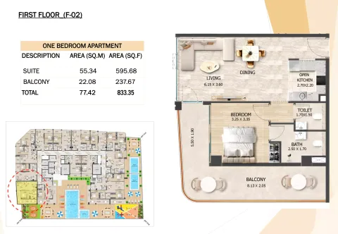 Floor plan, 1 Bed, 833 sq ft