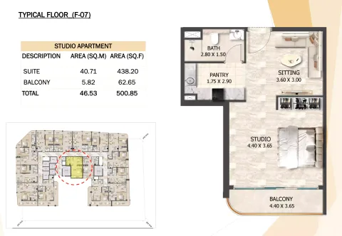 Floor plan, Studio, 500 sq ft