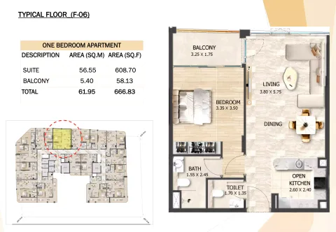 Floor plan, 1 Bed, 666 sq ft