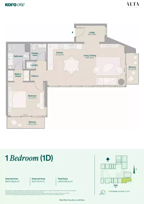 Floor plan, 1 Bed, 1,015 sq ft