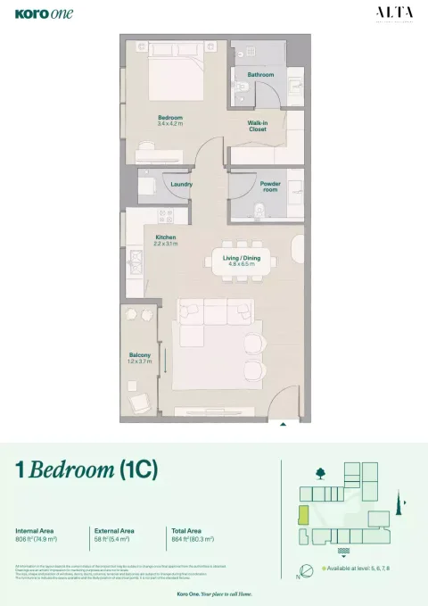 Floor plan, 1 Bed, 864 sq ft