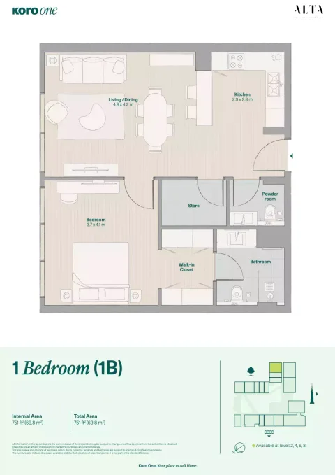 Floor plan, 1 Bed, 751 sq ft