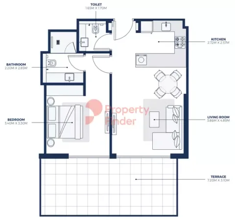 Floor plan, 1 Bed, 624 sq ft