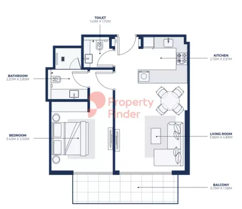 Floor plan, 1 Bed, 732 sq ft