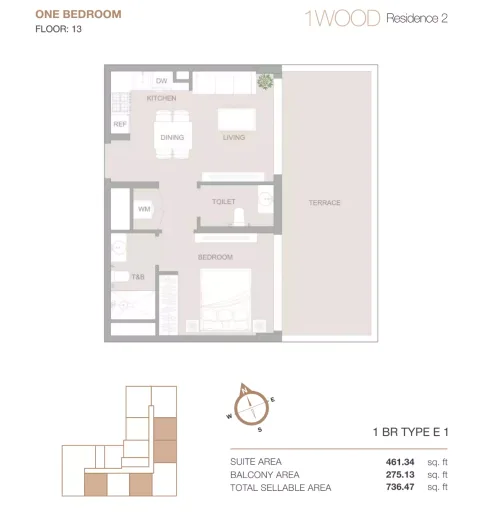 Floor plan, 1 Bed, 736 sq ft
