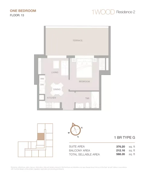 Floor plan, 1 Bed, 588 sq ft