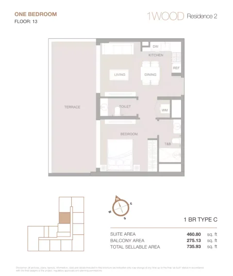 Floor plan, 1 Bed, 735 sq ft