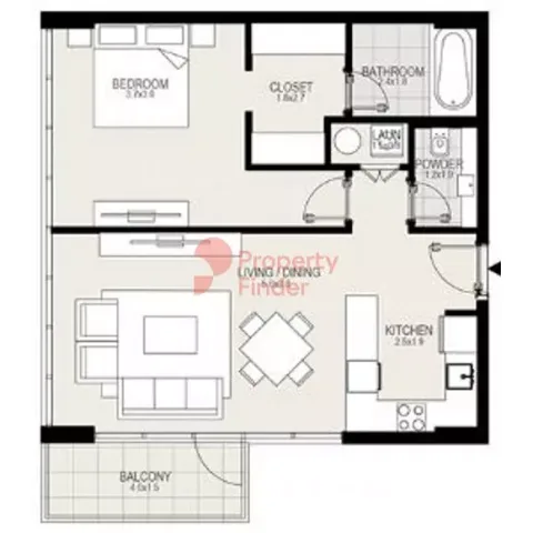 Floor plan, 1 Bed, 769 sq ft