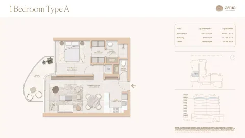 Floor plan, 1 Bed, 797 sq ft