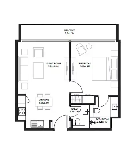 Floor plan, 1 Bed, 687 sq ft
