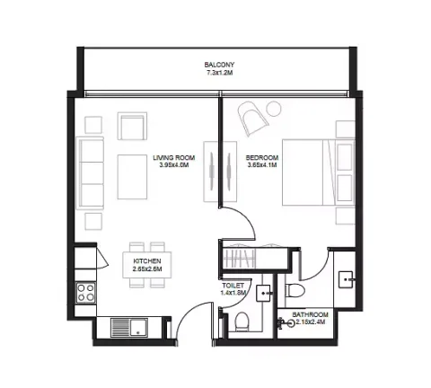 Floor plan, 1 Bed, 684 sq ft