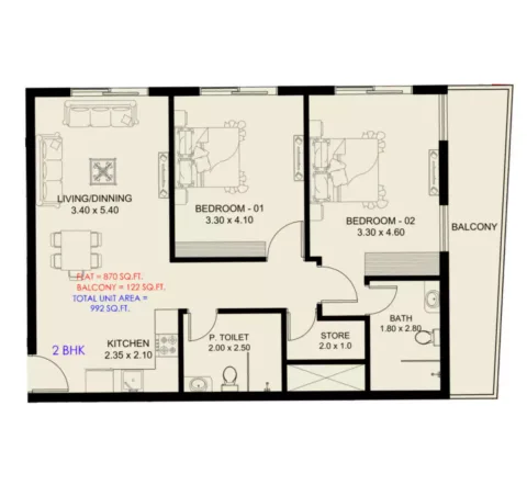 Floor plan, 2 Beds, 992 sq ft