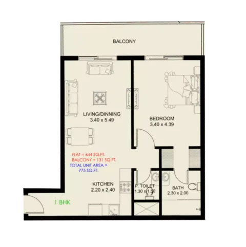 Floor plan, 1 Bed, 775 sq ft