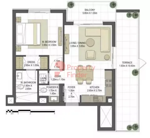 Floor plan, 1 Bed, 732 sq ft