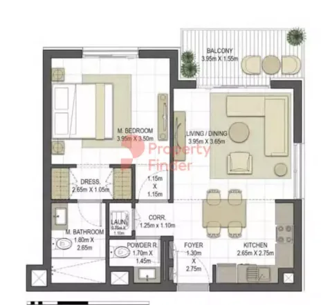 Floor plan, 1 Bed, 732 sq ft