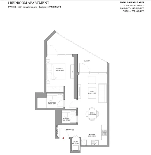 Floor plan, 1 Bed, 757 sq ft