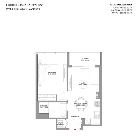 Floor plan, 1 Bed, 533 sq ft