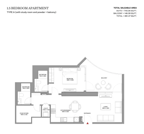 Floor plan, 2 Beds, 891 sq ft