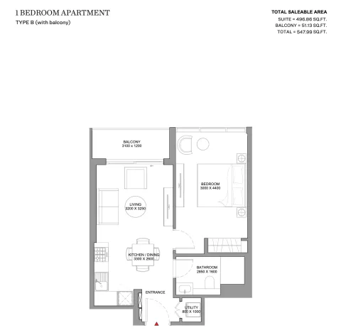 Floor plan, 1 Bed, 548 sq ft