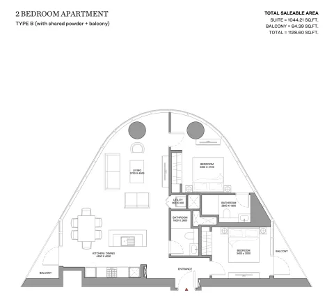 Floor plan, 2 Beds, 1,129 sq ft