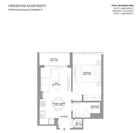 Floor plan, 1 Bed, 533 sq ft