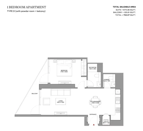 Floor plan, 1 Bed, 800 sq ft