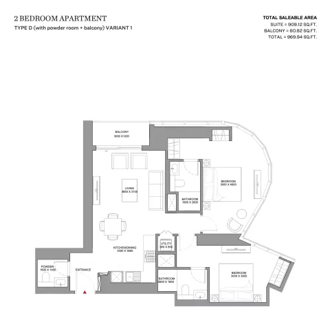 Floor plan, 2 Beds, 970 sq ft